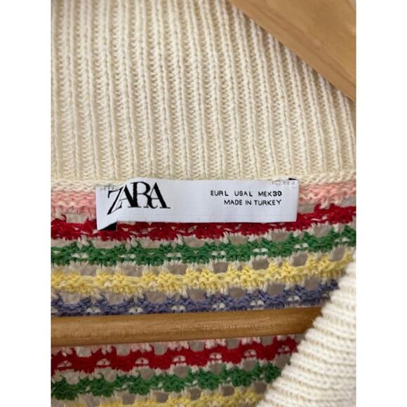ZARA Chunky Knit Multicolor Rainbow Stripe Knit Cardigan Sweater Size L - Picture 9 of 10